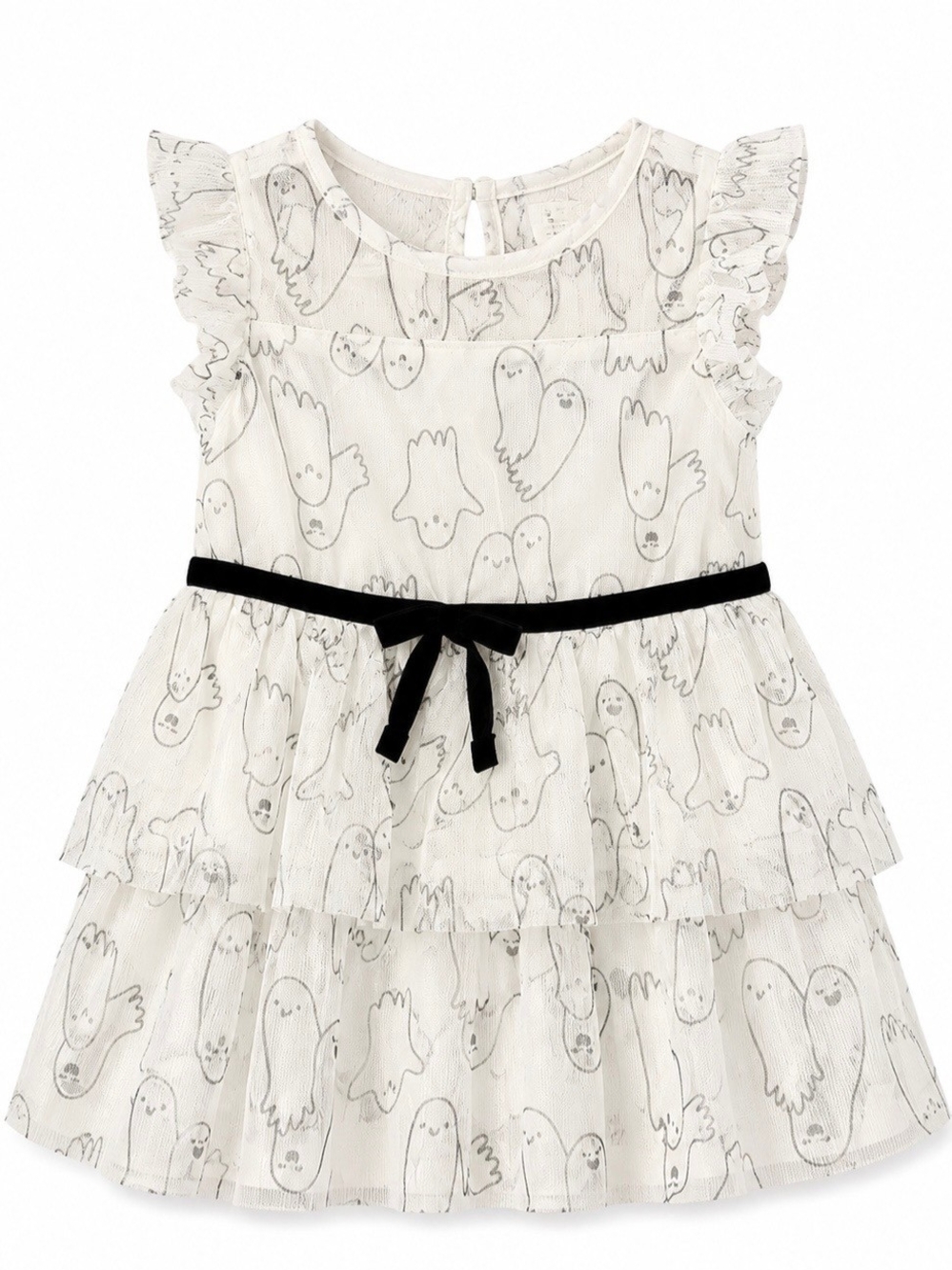 Halloween Girls' White Ghost Print Tiered Dress with Black Bow